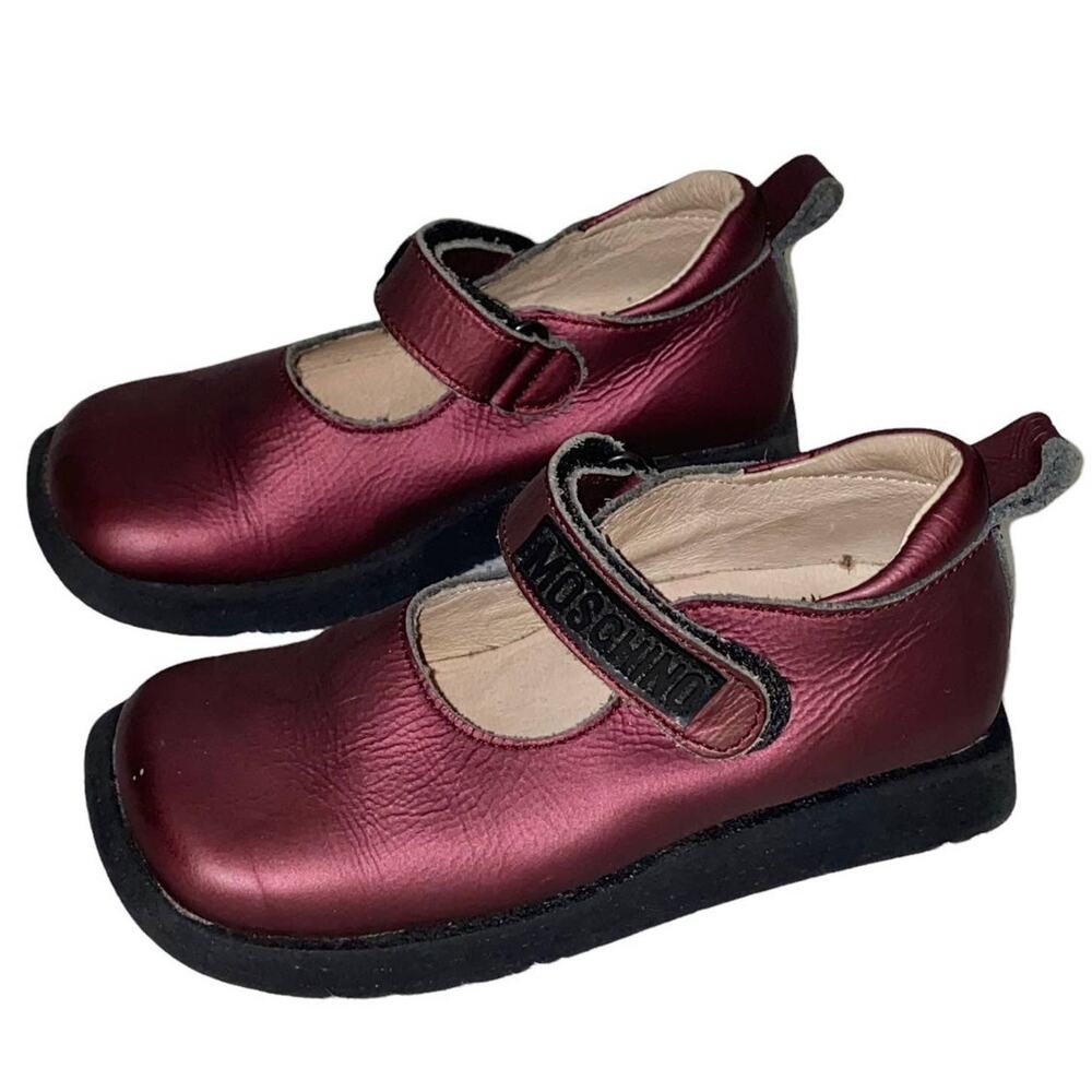 Love Moschino Burgundy Girls Sz 4 Mary Jane Leather Rubber Logo Shoes - Picture 2 of 13